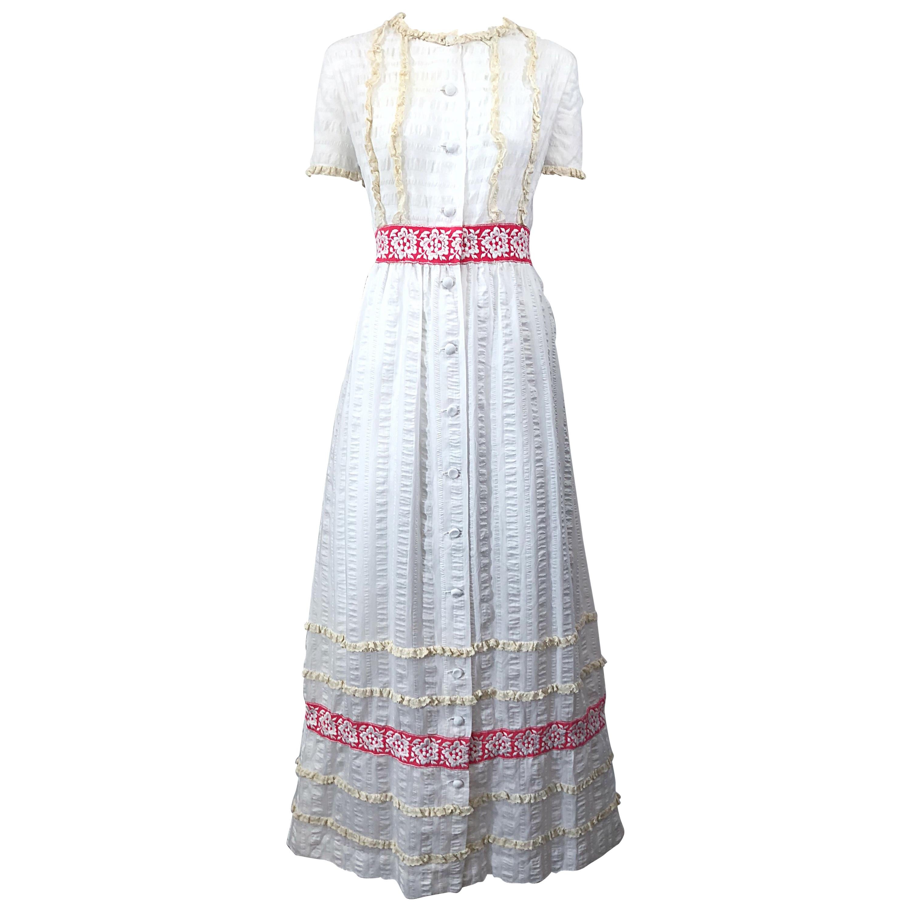 1970s Lori Till White + Pink Lightweight Cotton Lace Vintage Boho 70s Maxi Dress For Sale