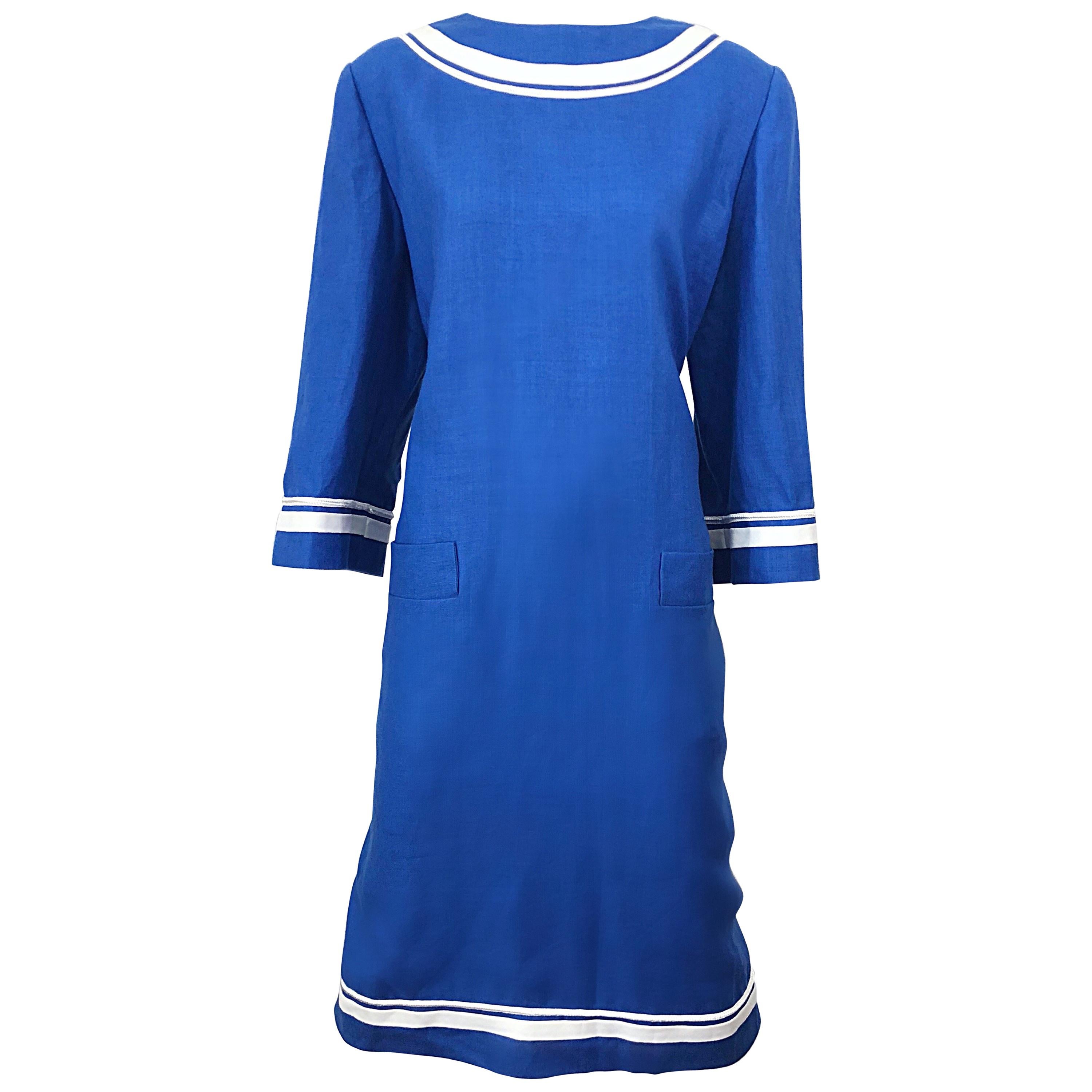 Vintage Bill Blass Size 16 Blue + White Nautical Plus Size Linen Dress 