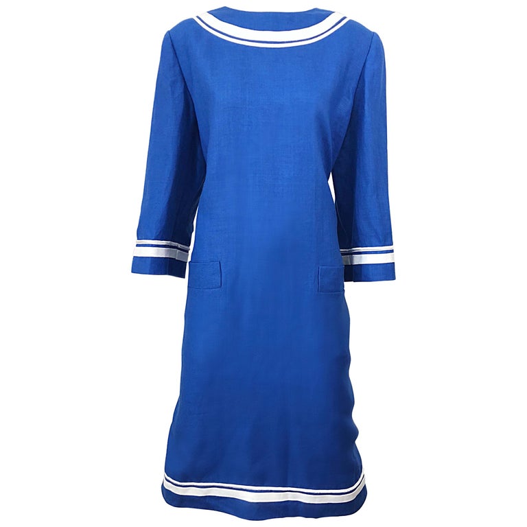 Vintage Bill Blass Size 16 Blue + White Nautical Plus Size Linen Dress  For Sale