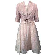 Beautiful 1950s Caryle Light Pink + Silver Fit n' Flare Silk Dress and Bolero