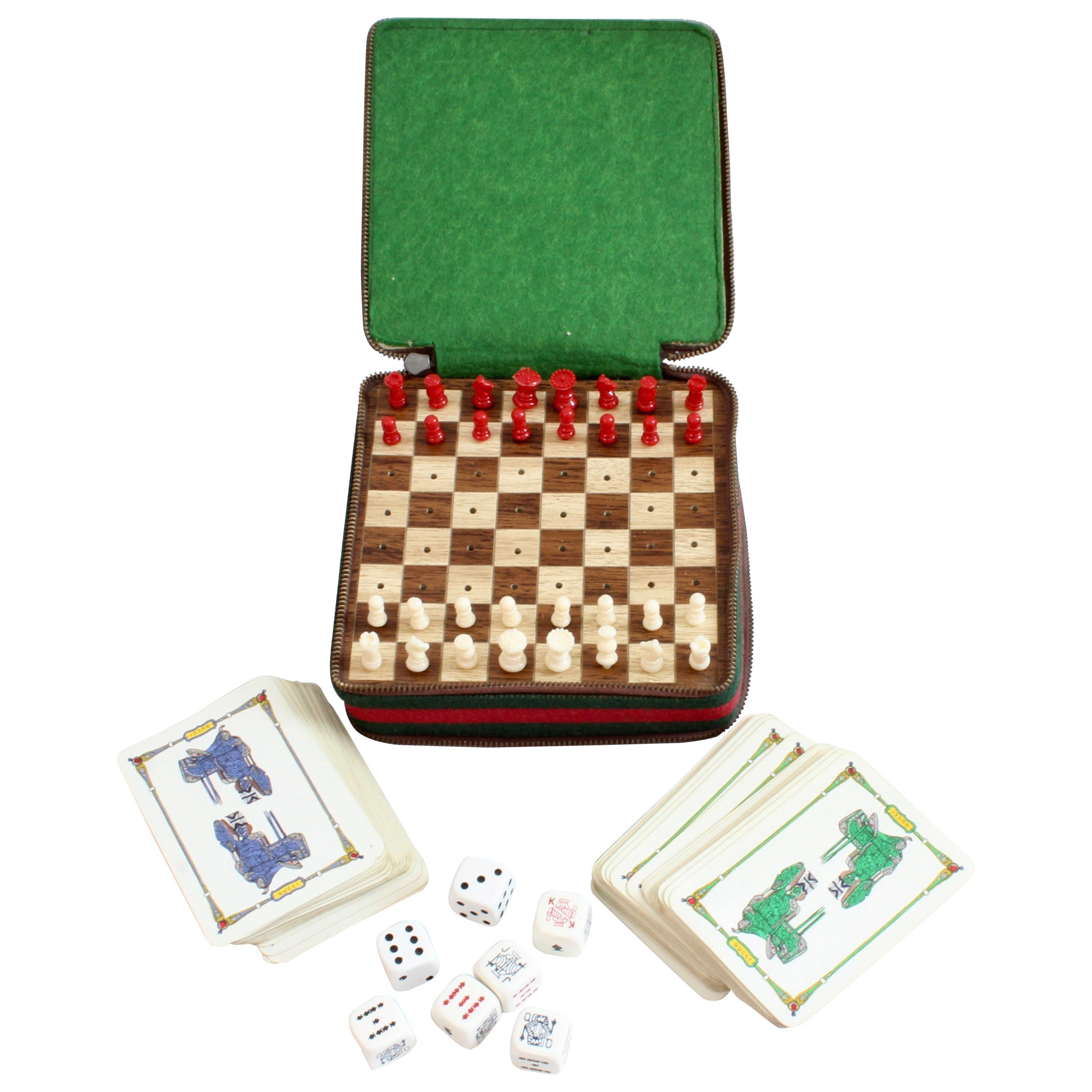Gucci Vintage Leather Case with Webbing Poker Dice Cards Chess Travel Game Set 