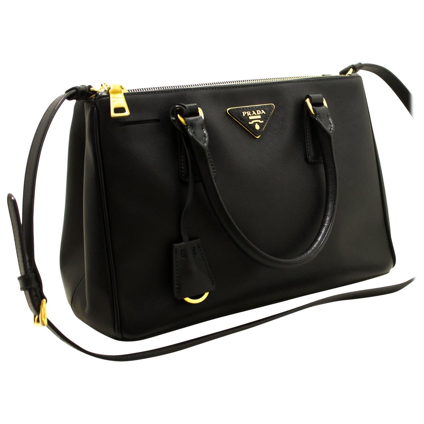 Prada Saffiano Lux Black Leather Gold 2 Way Handbag Shoulder Bag 
