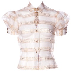 1950s Sheer Blouse With Gold Lurex Stripes And Crystal Brough 