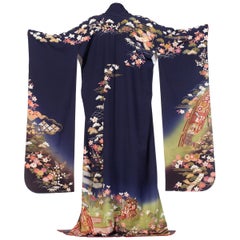 1970S Navy Blue Japanese With Gold Flowers Kimono