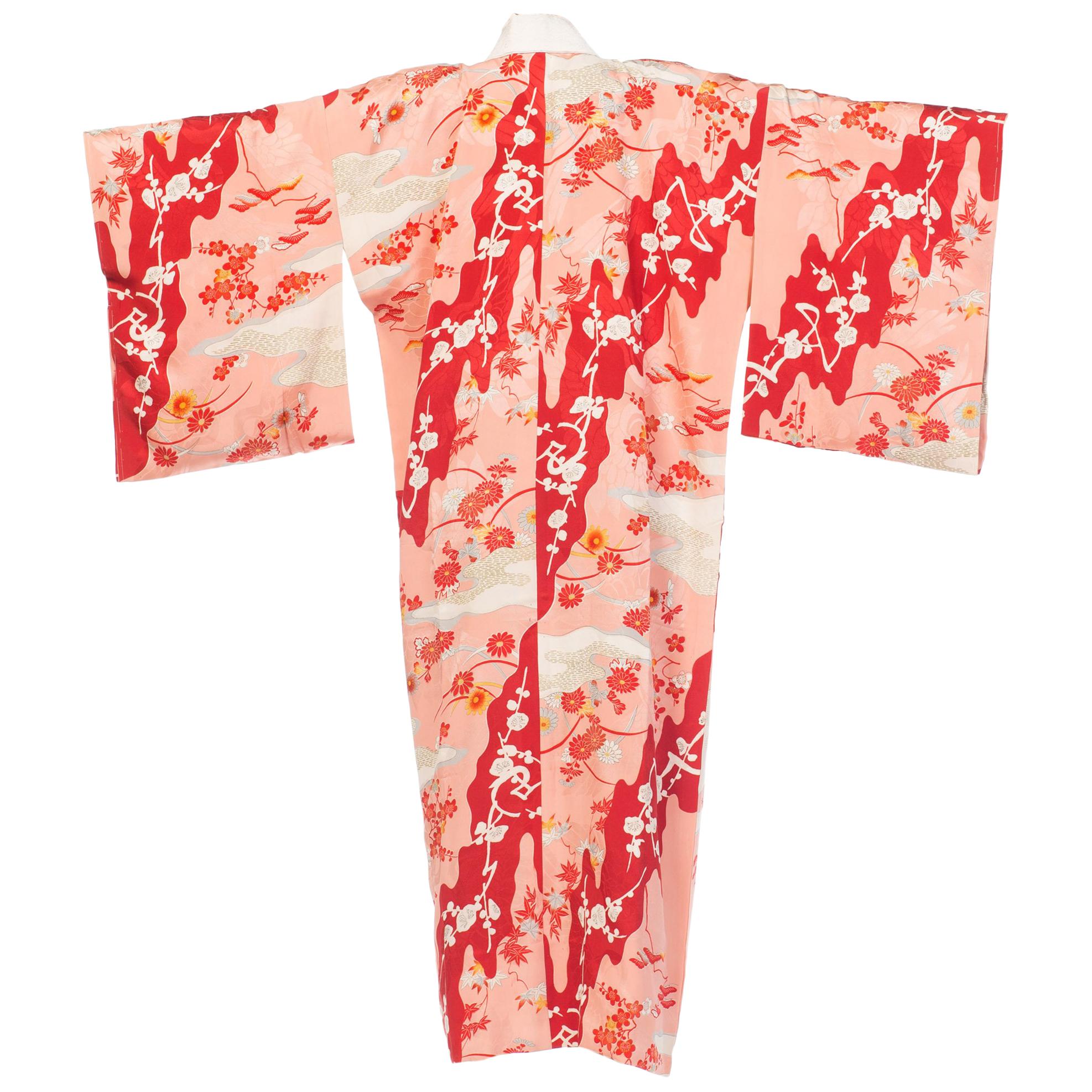 1960S Salmon Japanese Silk Kimono With Cherry Blossoms & Crystal Ties