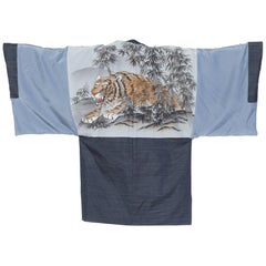 Antique Japanese Mens Kimono With Hand Printed Tiger