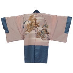 Vintage 1970S Blue Japanese Silk Hand Painted Fighting Dragon Kimono