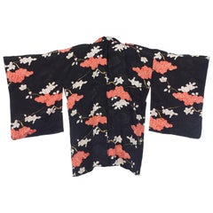 Japanese Black and White Silk Kimono, 1930s