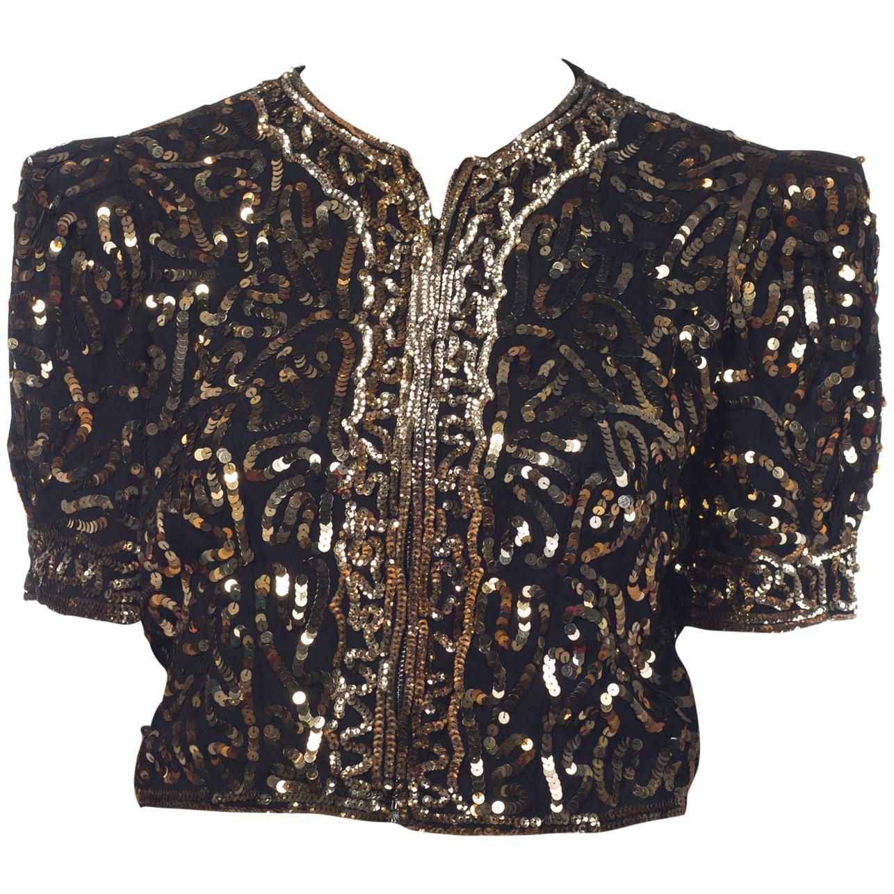 1930S Crepe de Rayón Chaqueta de Cena de Manga Corta con Cremallera Delantera y Lentejuelas Doradas