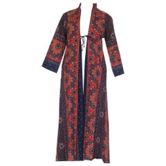 Vintage 1970S I MAGNIN Brown & Blue Cotton South East Asian Batik Print Duster Kaftan