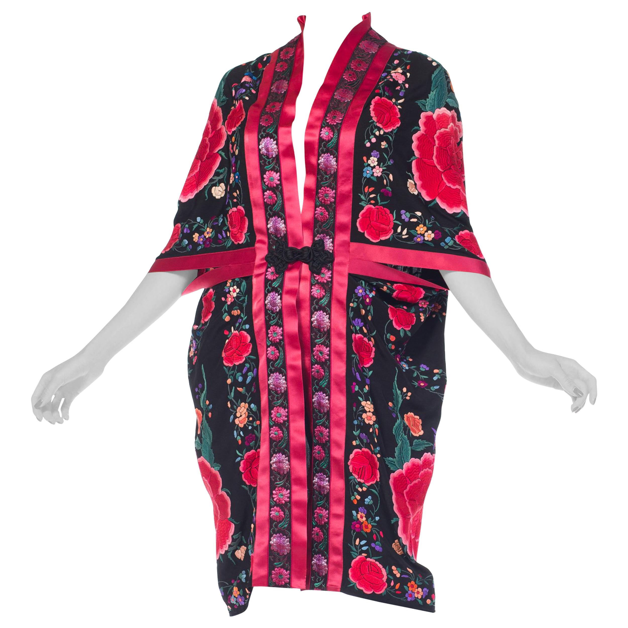 Hand Embroidered Chinese Silk Cocoon Kimono With Vintage Ribbon, 1920s  