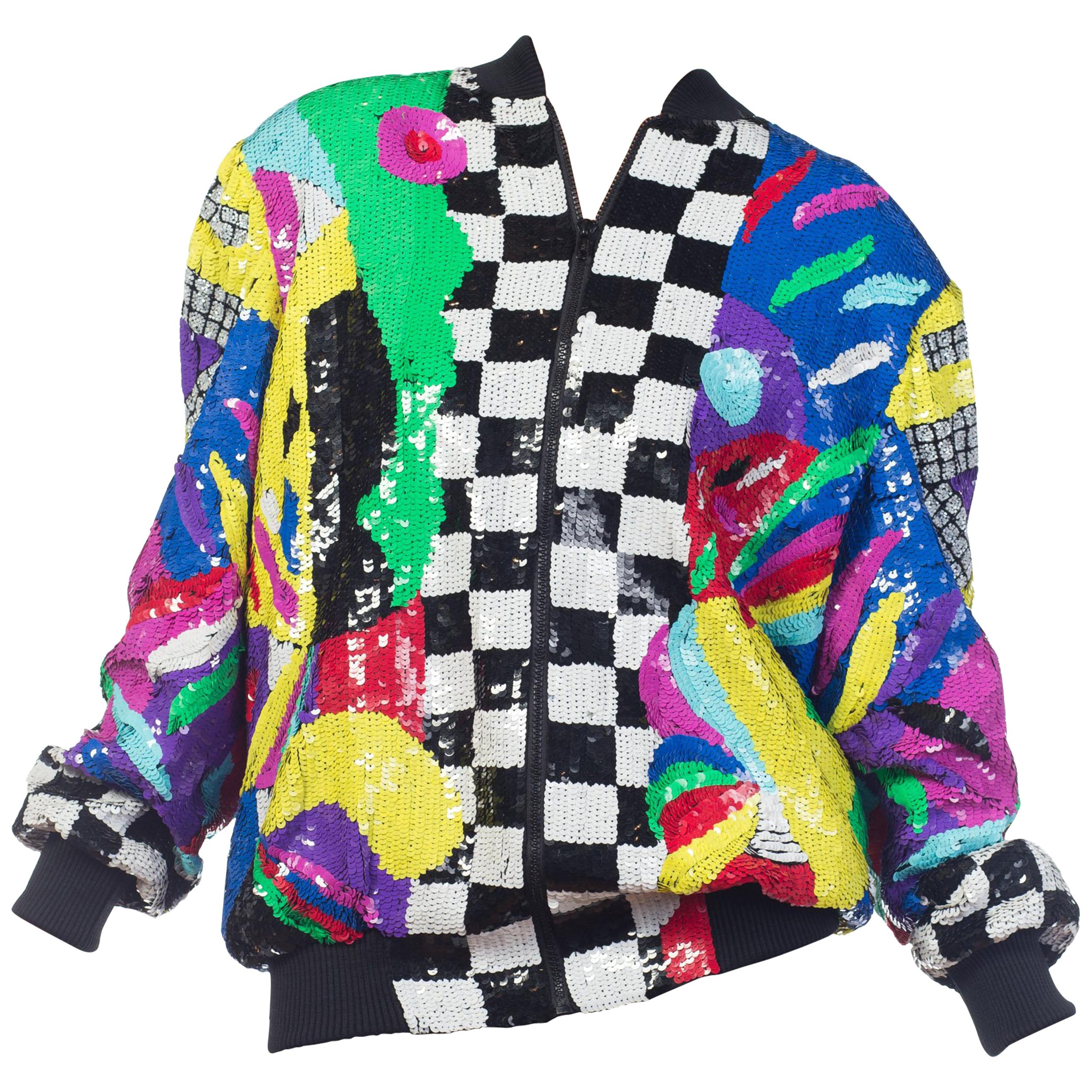 1980S Multicolor Sequin Abstract Art Bomber Jacket
