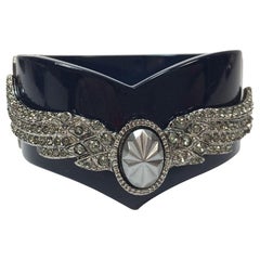 Chanel Blue Resin Cuff Bracelet Wings in Silver Metal and Rhinestones