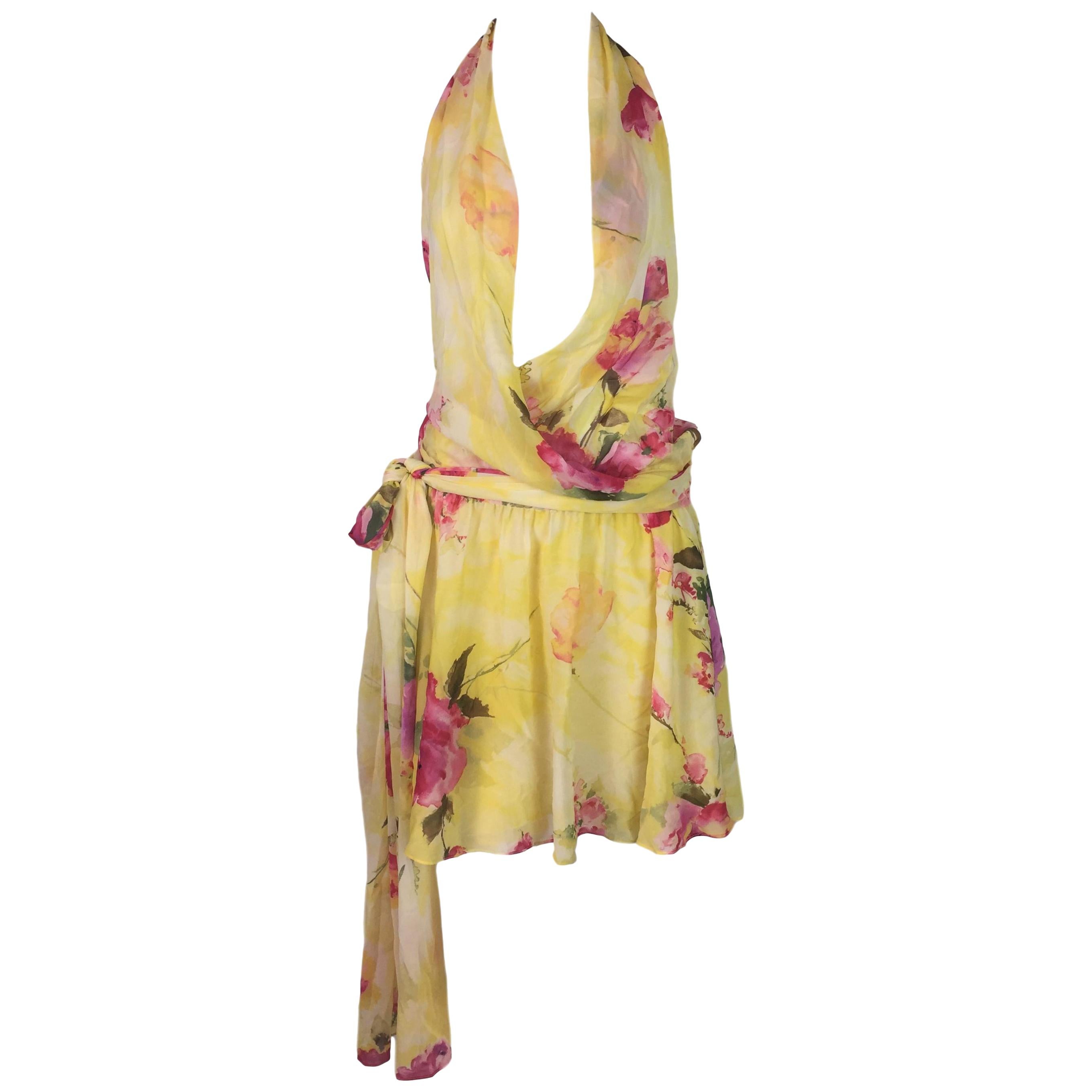 Dolce & Gabbana Plunging Yellow Silk Twenties Flapper Style Mini Dress, 1990s