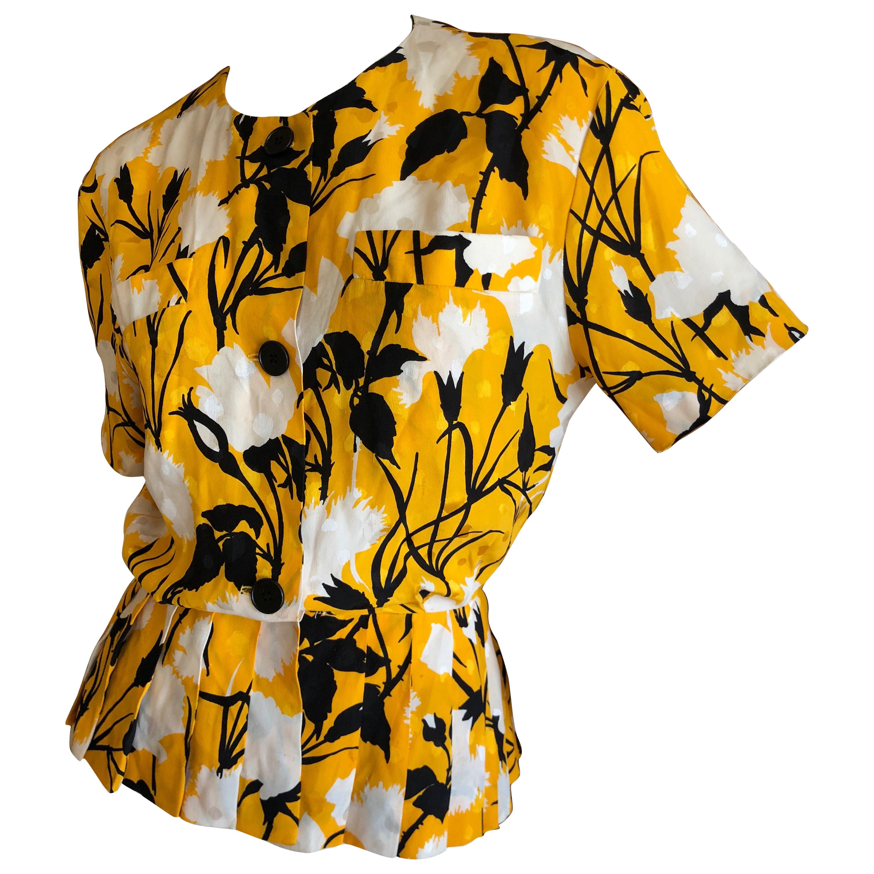 Christian Dior by Gianfranco Ferre Blossom Pattern Silk Top with Pleated Peplum For Sale