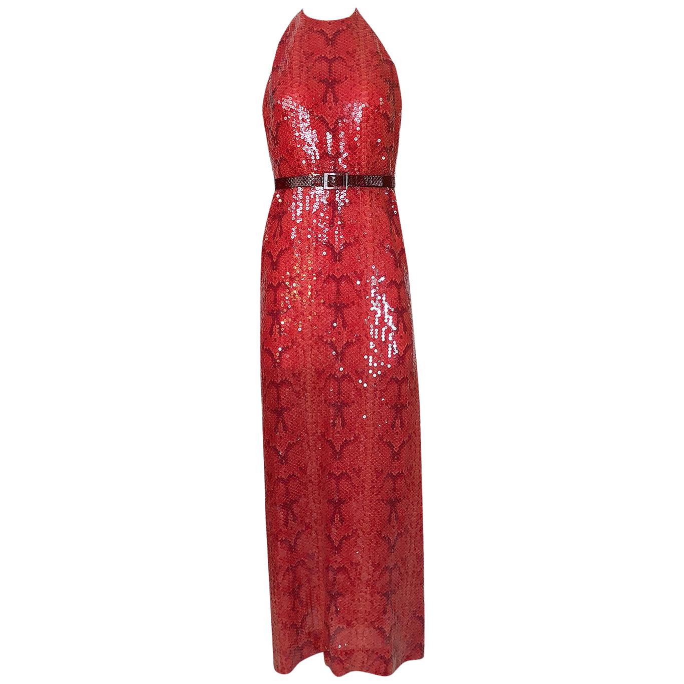 Bill Blass Red Sequin Snakeskin Print Halter Dress, 1974 