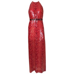Bill Blass Red Sequin Snakeskin Print Halter Dress, 1974