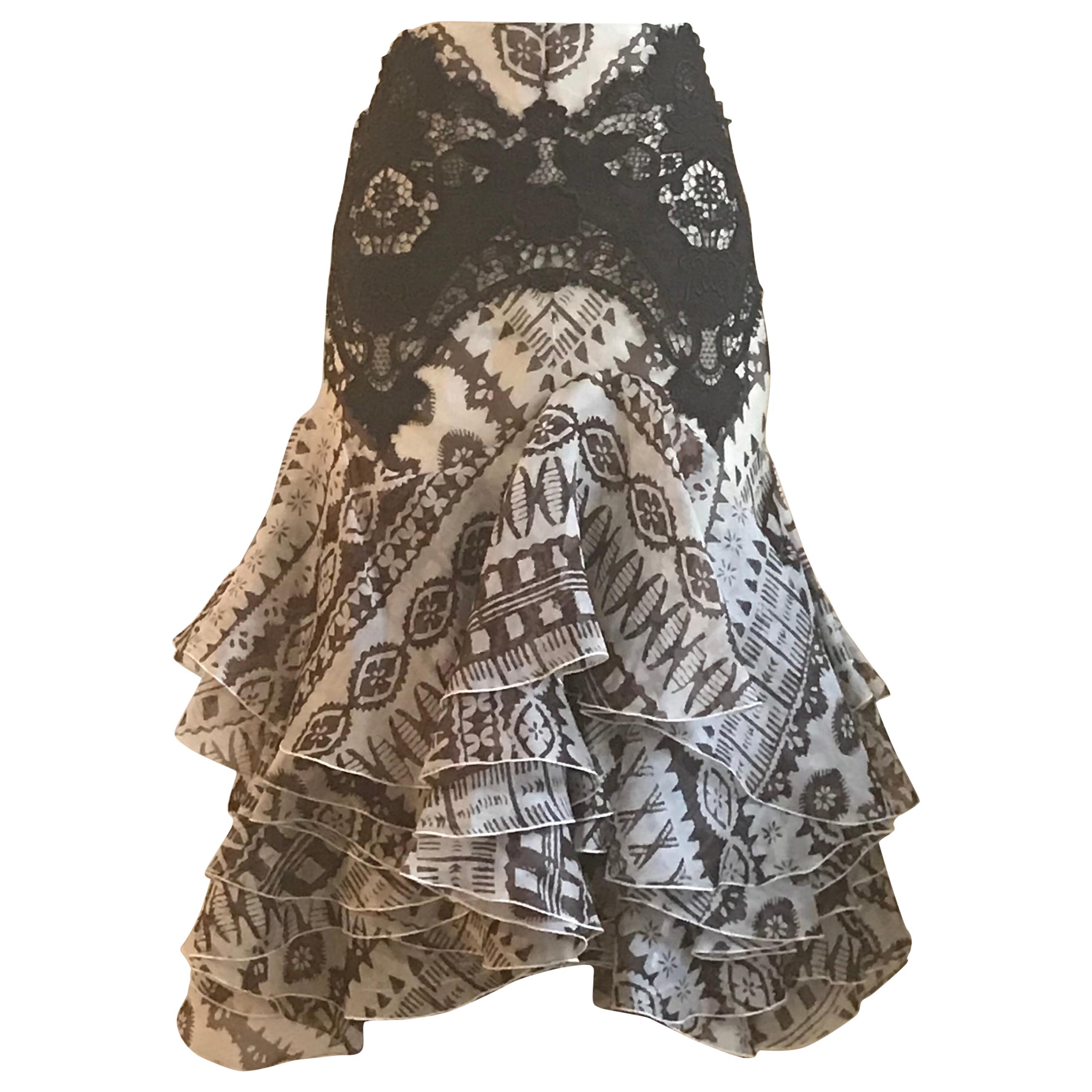 Alexander McQueen Brown and Cream Lace Trimmed Ruffle Skirt