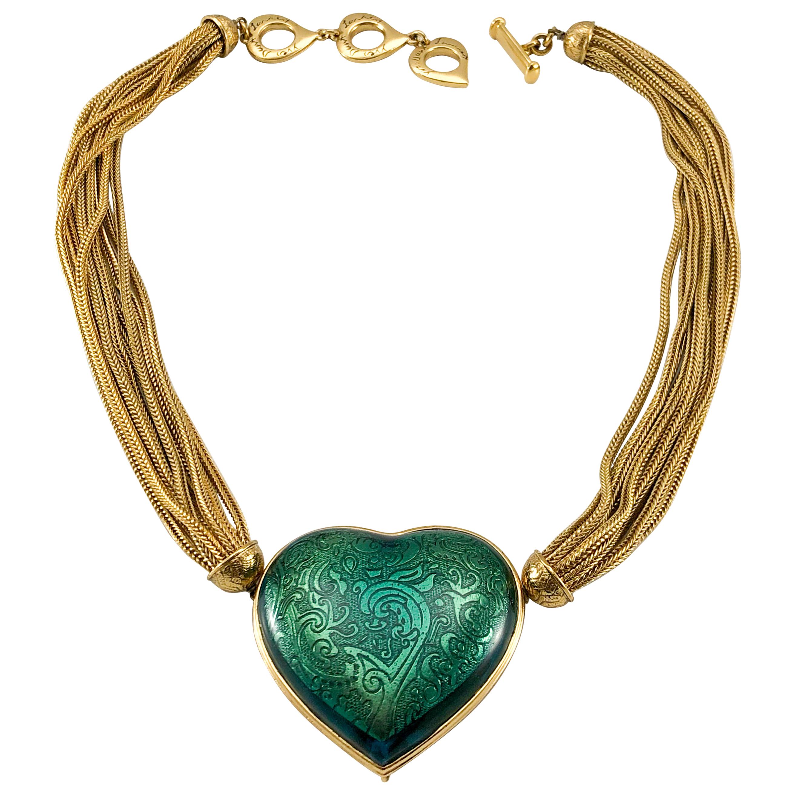 1980's Yves Saint Laurent Green Heart Pendant Necklace For Sale