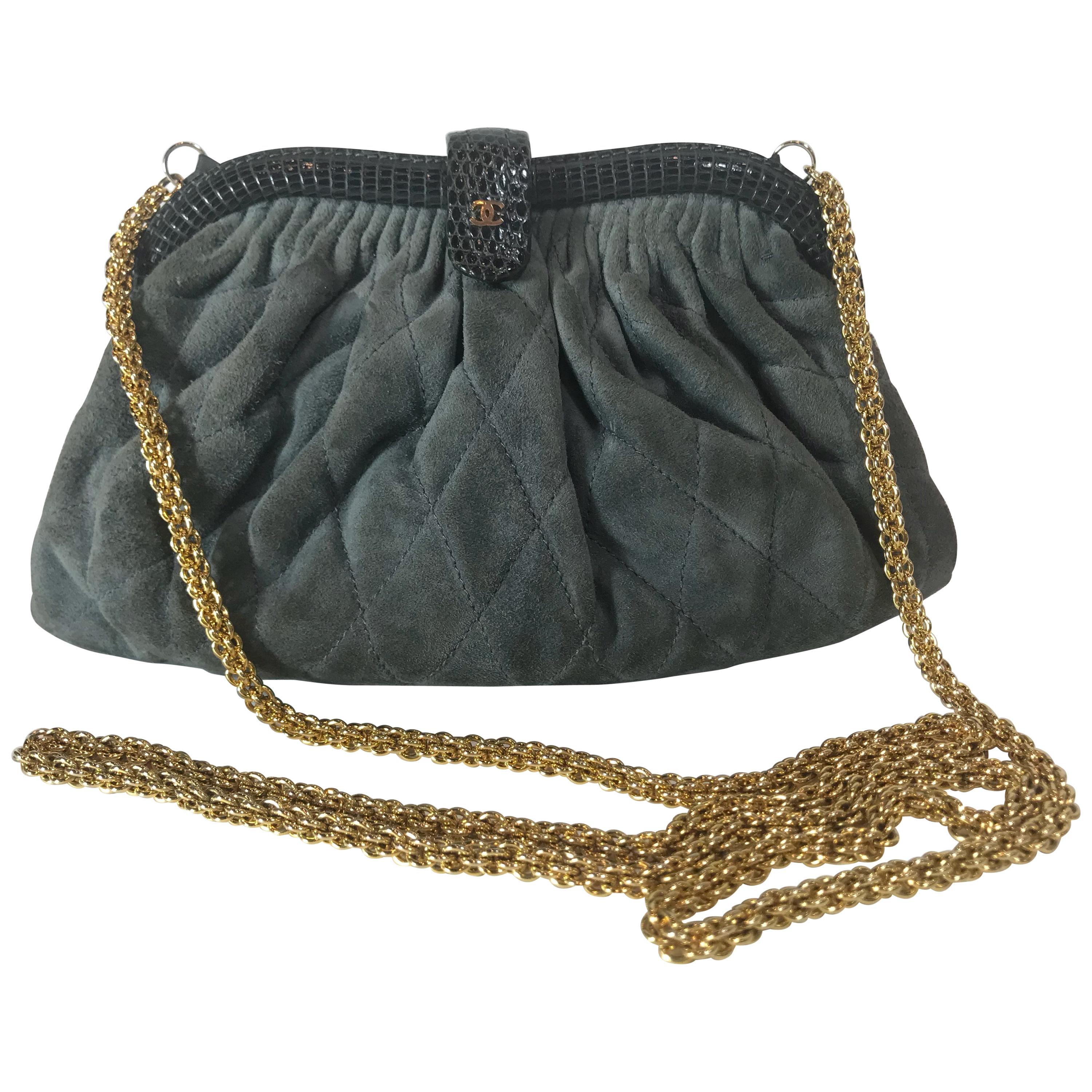 Chanel Vintage Python Suede Quilted Evening Clutch For Sale