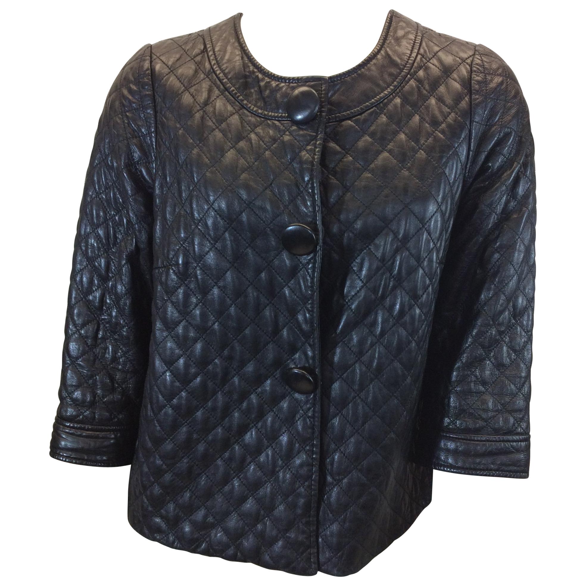 Vince Black Leather Quilted Jacket For Sale