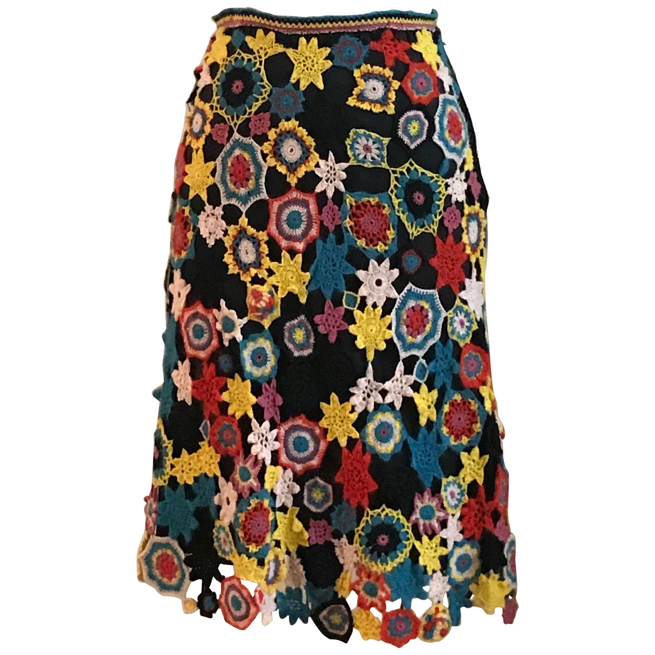 Christian Lacroix Vintage Crochet Floral Patchwork Black and Multicolor Skirt