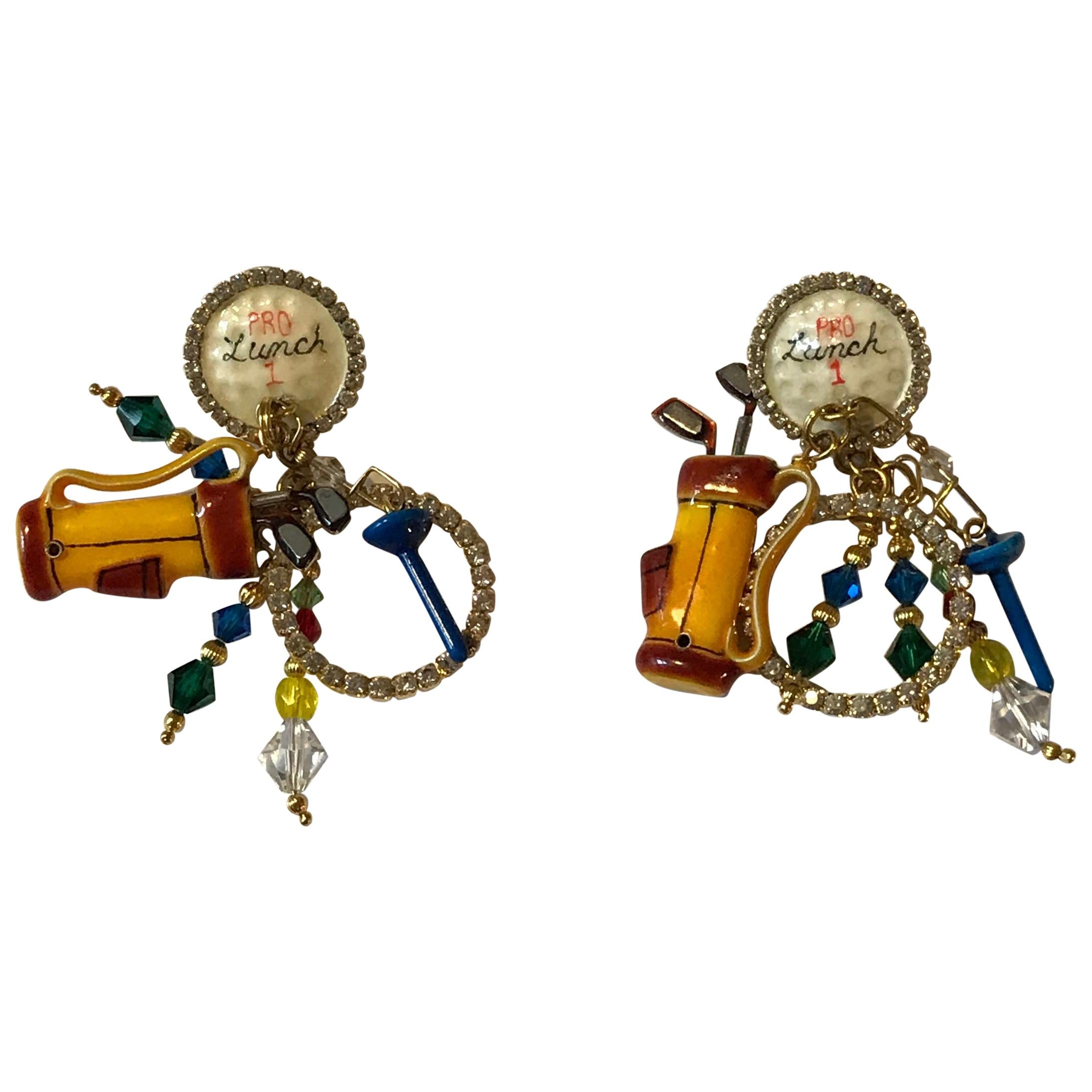 Lunch at the Ritz Golf Gold and Enamel Charm Earrings with Rhinestones 1990s For Sale
