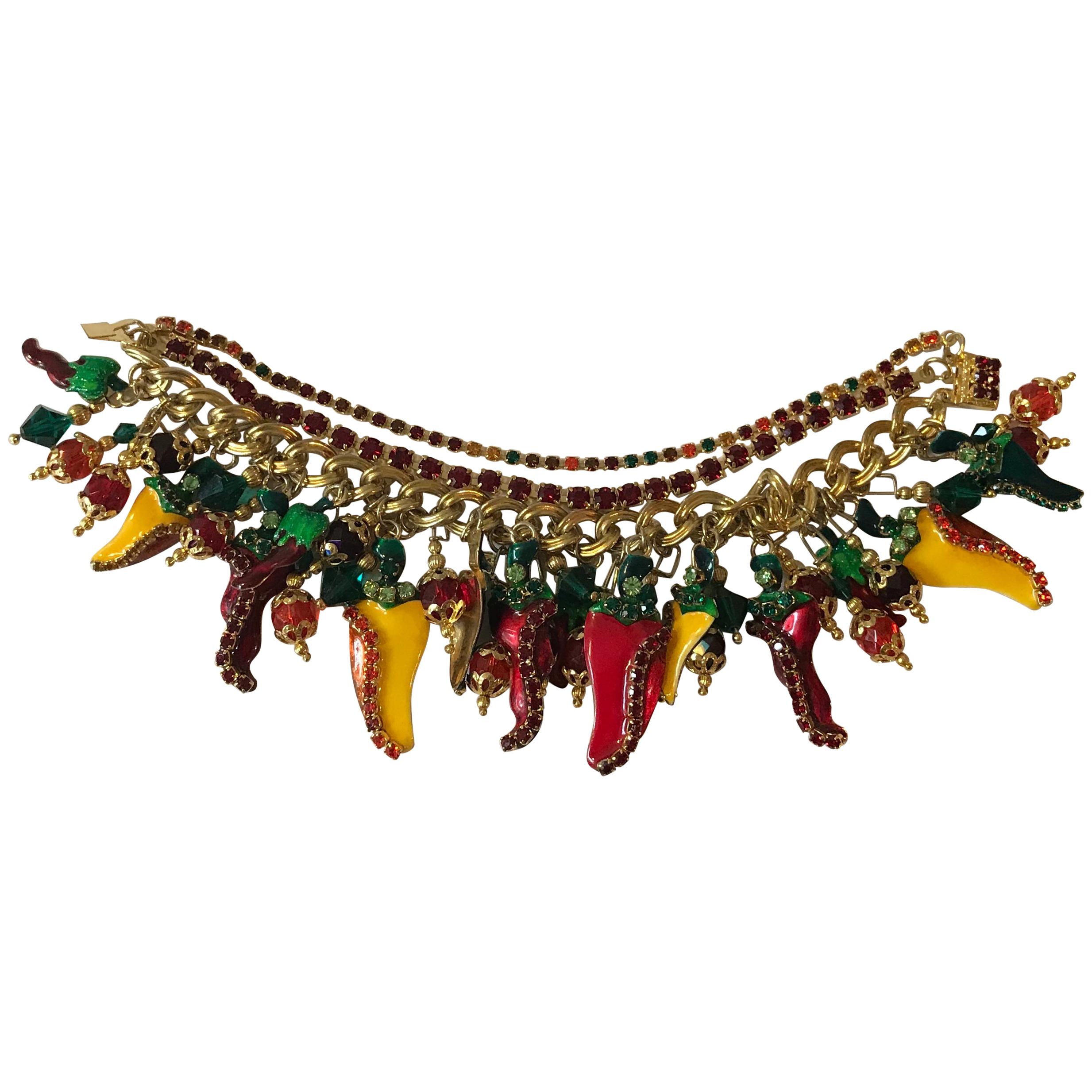 Lunch at the Ritz 1990s Goldtone Peppers Bracelet Green Red Yellow Rhinestone