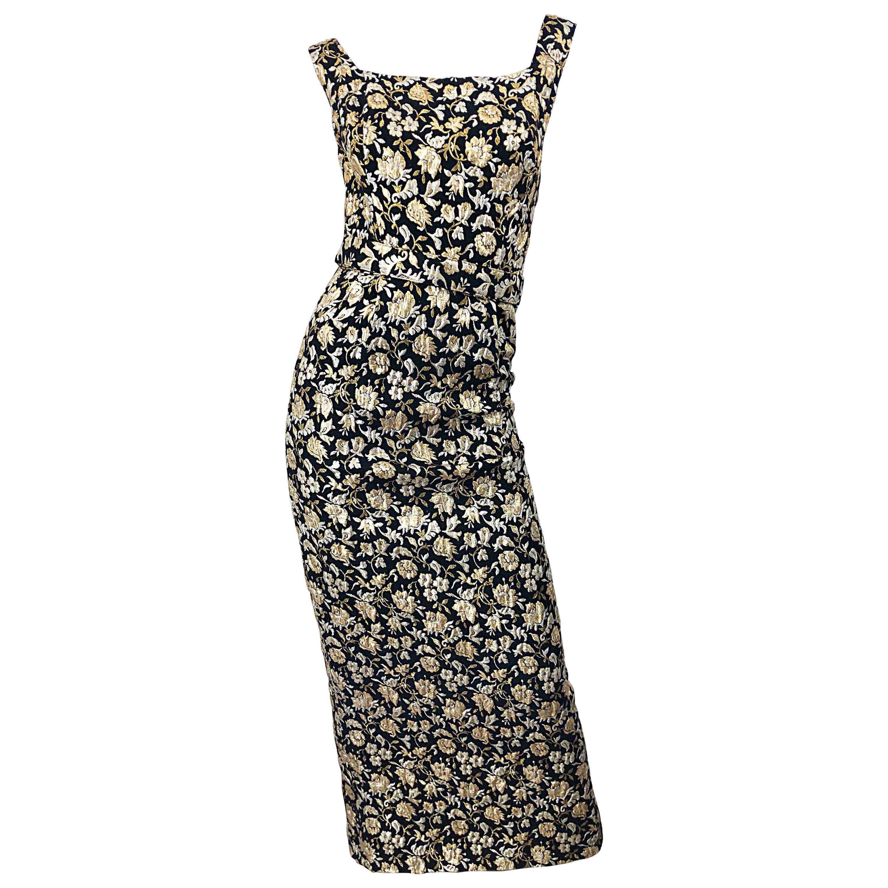 Gorgeous 1960s Clifton Wilhite Gold Silver Black Silk Brocade Vintage 60s Gown For Sale