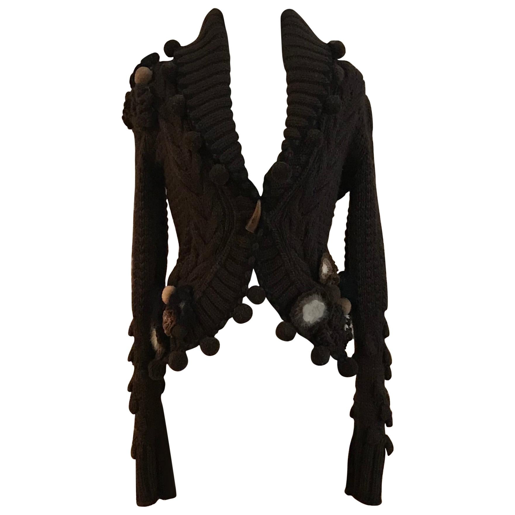 Alexander McQueen 2005 Runway Chunky Knit Brown Floral Detail Pom Pom Sweater 