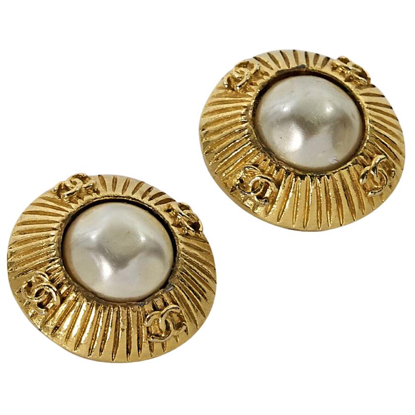 Goldtone Vintage Chanel Pearl Clip-On Earrings