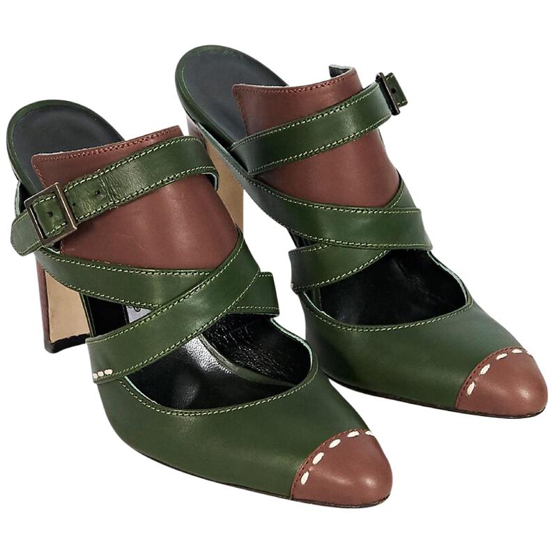 Green & Brown Manolo Blahnik Strappy Leather Mules