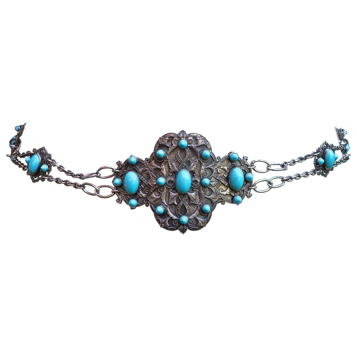 Piel Freres Art Nouveau Silver Plated and Turquoise Glass Chain Buckle Belt For Sale