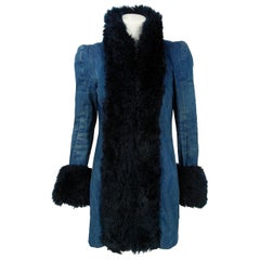 1975 Biba London Blue Denim and Faux-Fur Wide Cuff Sculpted Puff Shoulder Jacket