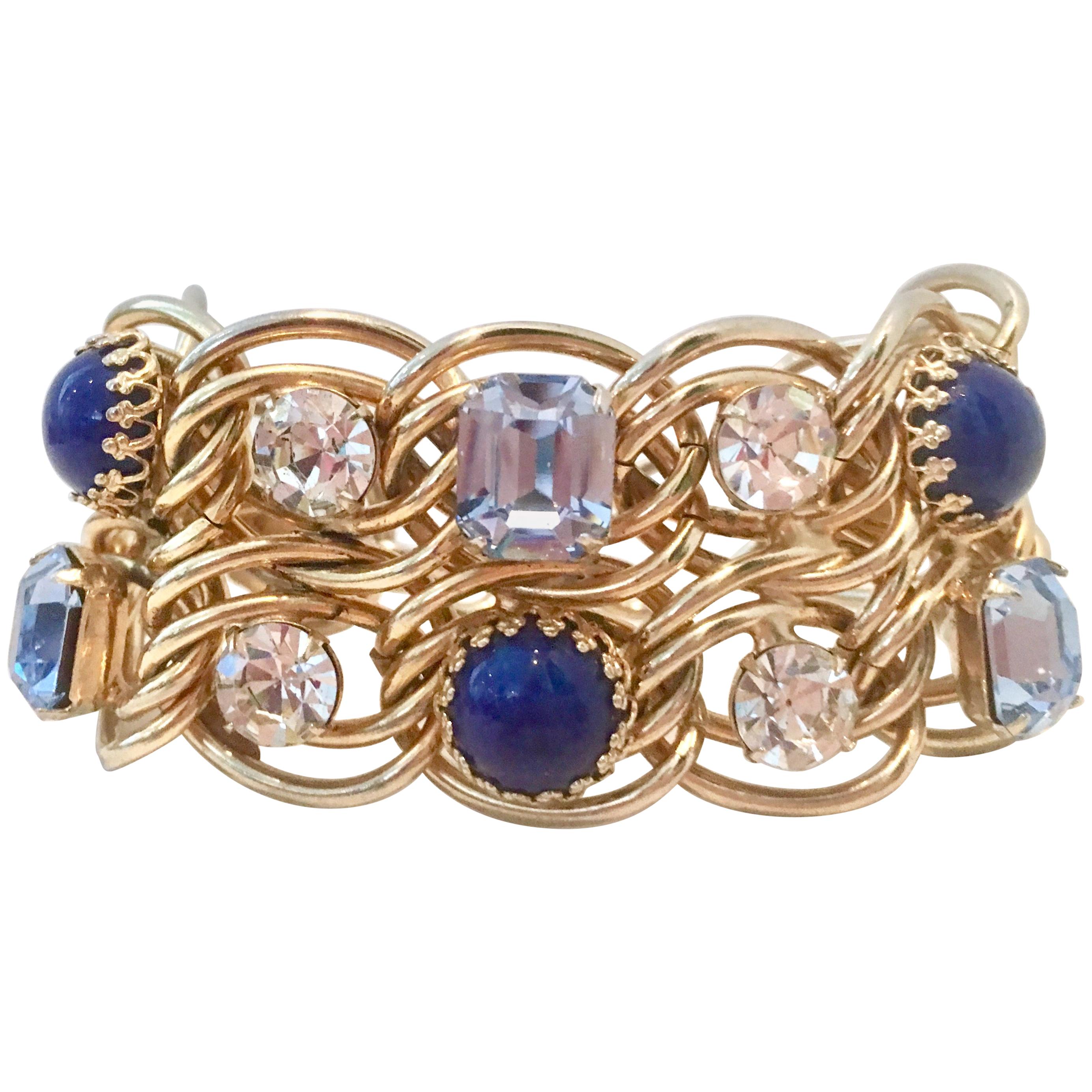 60'S Gold Blue Faux Lapis & Austrian Crystal Link Bracelet By, Schiaparelli
