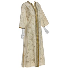 Retro Ivory Gold Floral Embroidered Vintage Caftan Dress 