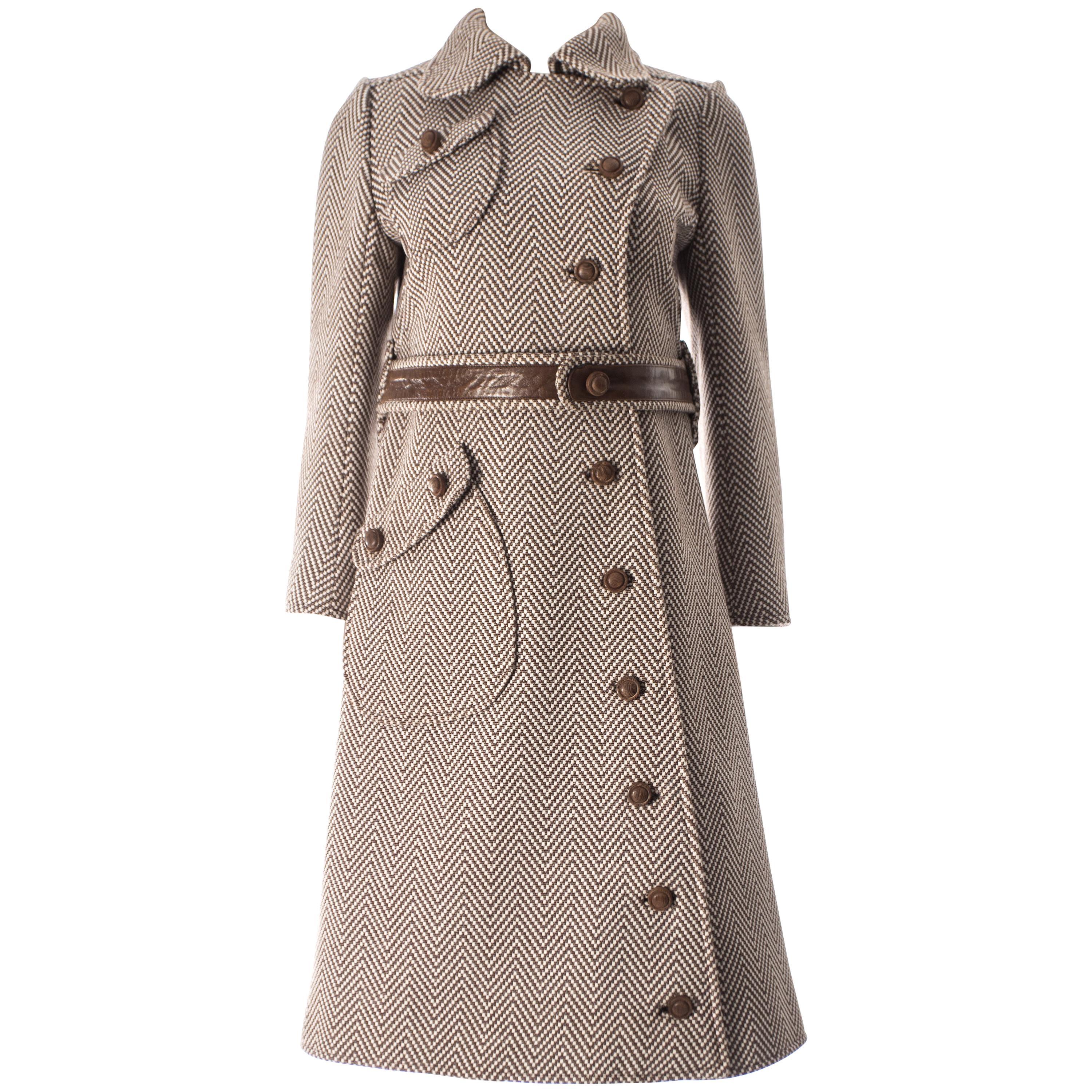 Courreges Couture Brown and cream Herringbone wool and leather coat, circa 1969