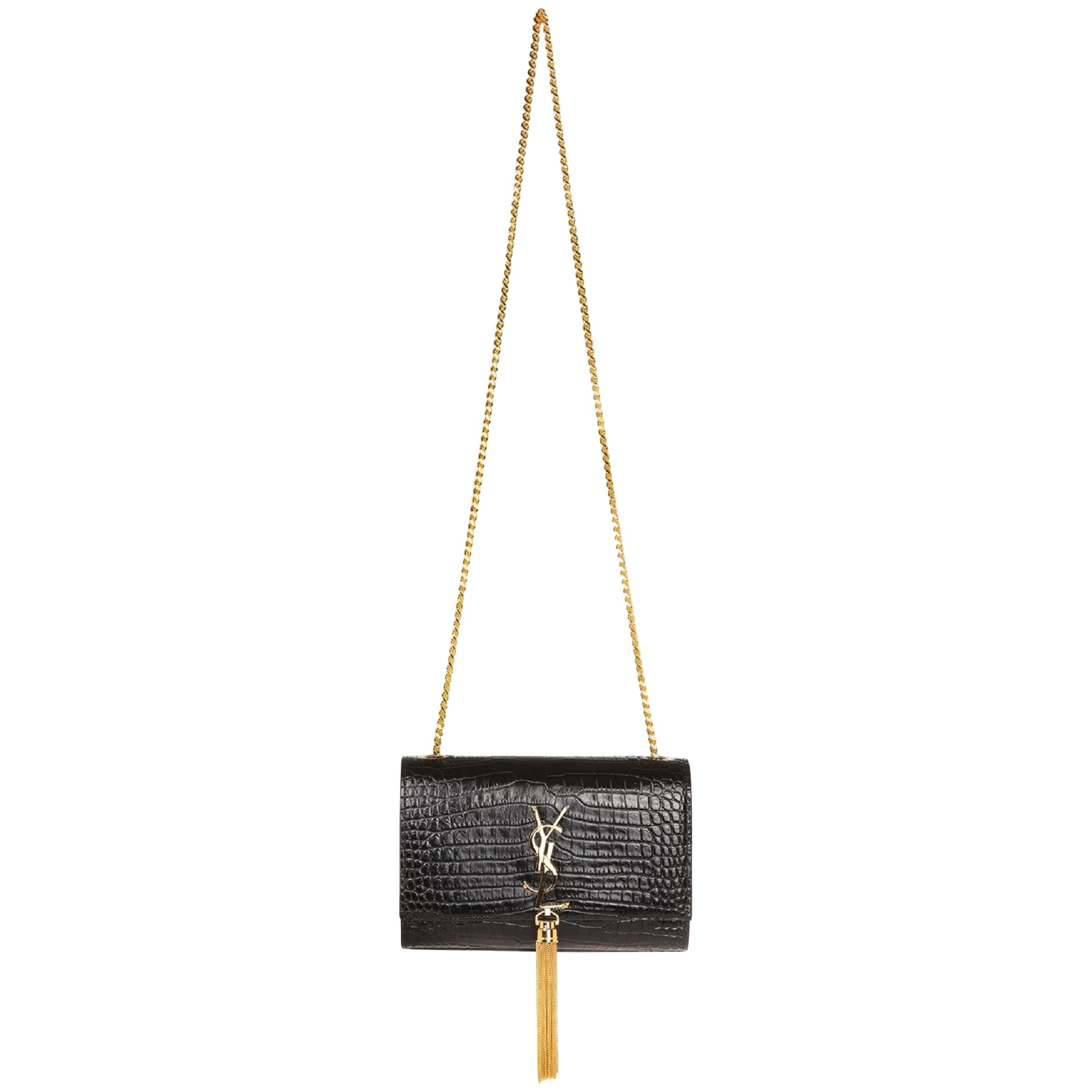 YSL Saint Laurent Small Kate Crocodile-Embossed Black Leather Shoulder Bag  With Gold Tassel - A World Of Goods For You, LLC