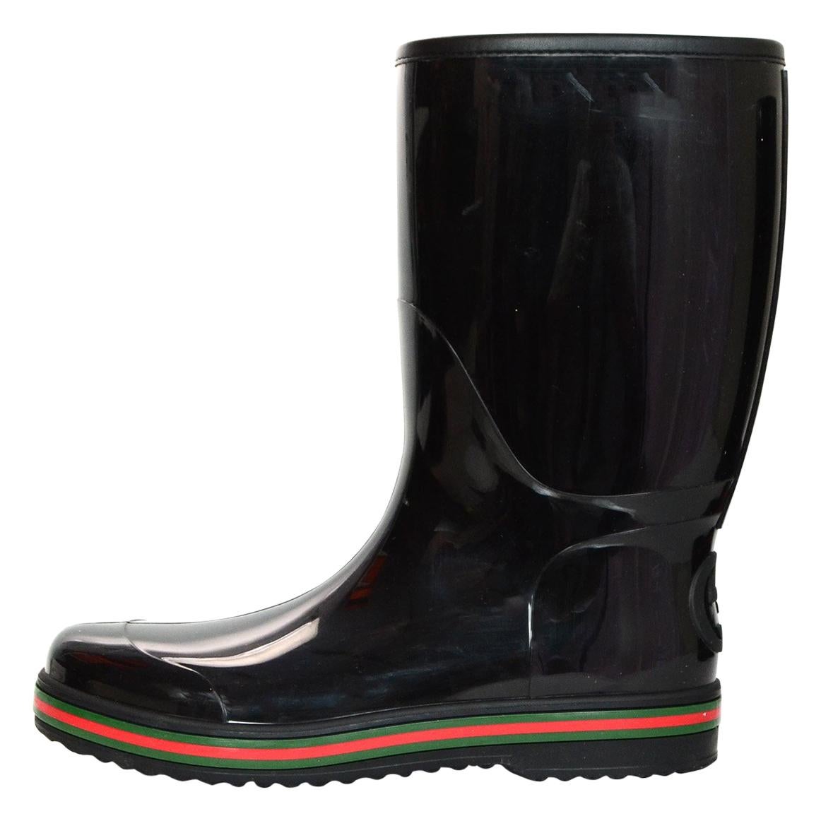 Gucci Black Rain Boots W/ Logo And Green & Red Detailing Mens Sz 11