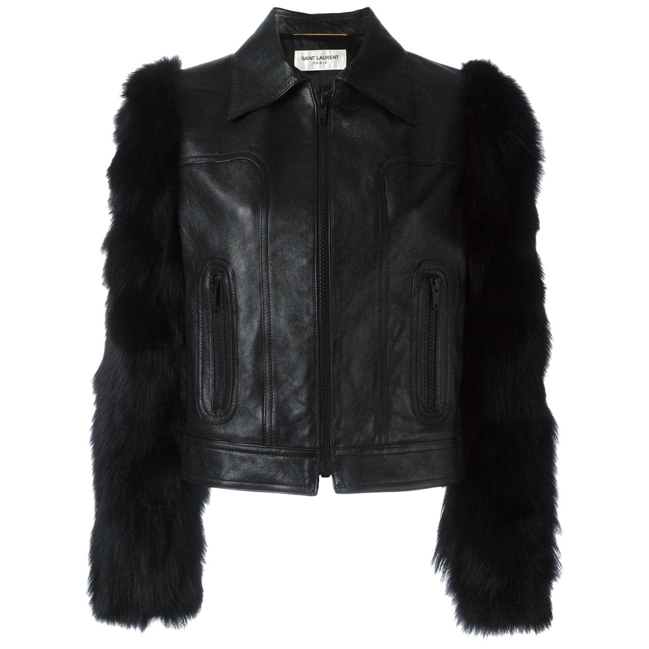 Saint Laurent Leather Jacket with Contrast Fox Fur Sleeves