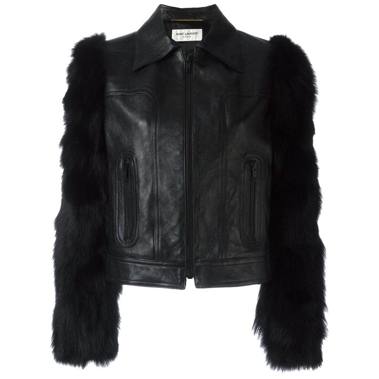 Saint Laurent Leather Jacket with Contrast Fox Fur Sleeves at 1stDibs
