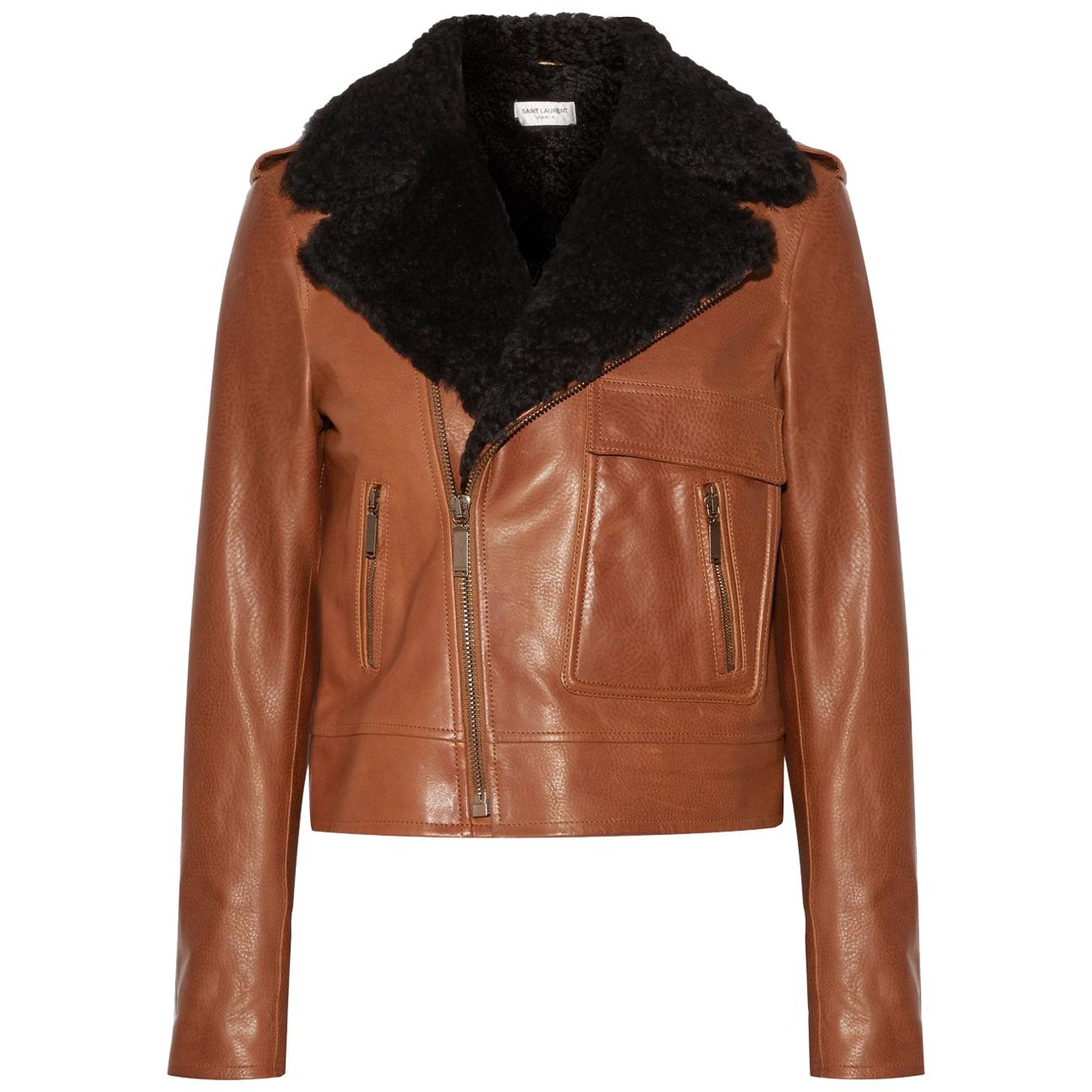 Saint Laurent Shearling-Trimmed Leather Biker Jacket   