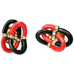 Vintage Chanel by A. Seguso Black and red Venetian glass gilt metal earrings, 1970s