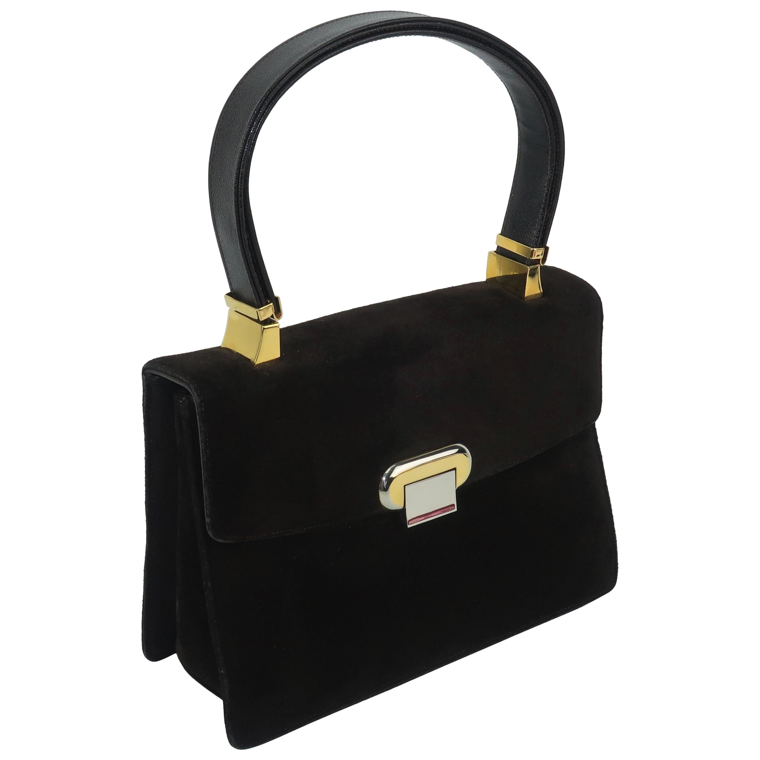 Koret Dark Brown Suede Handbag with Convertible Handle / Unique Closure, 1960s 