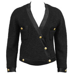 1980's Chanel Black Boucle and Satin Trim Jacket