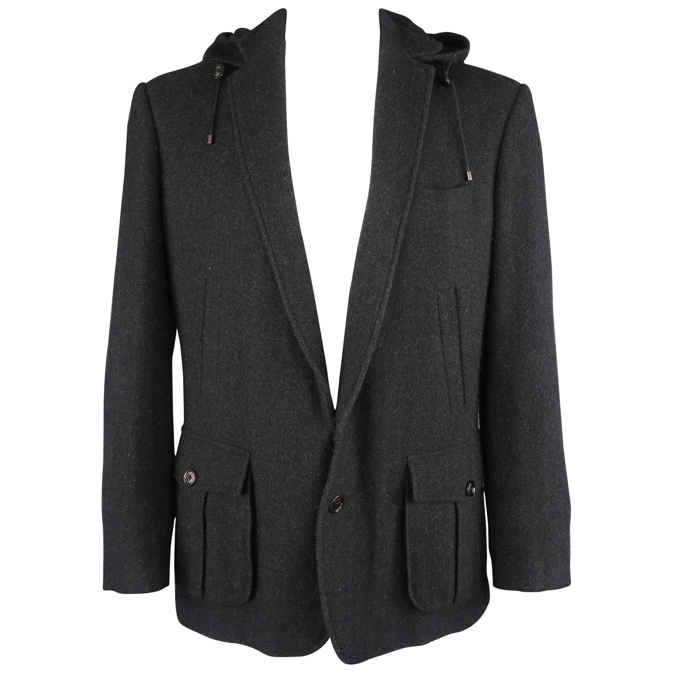 Ralph Lauren Black Herringbone Cashmere Notch Lapel Hooded Sport Coat Jacket
