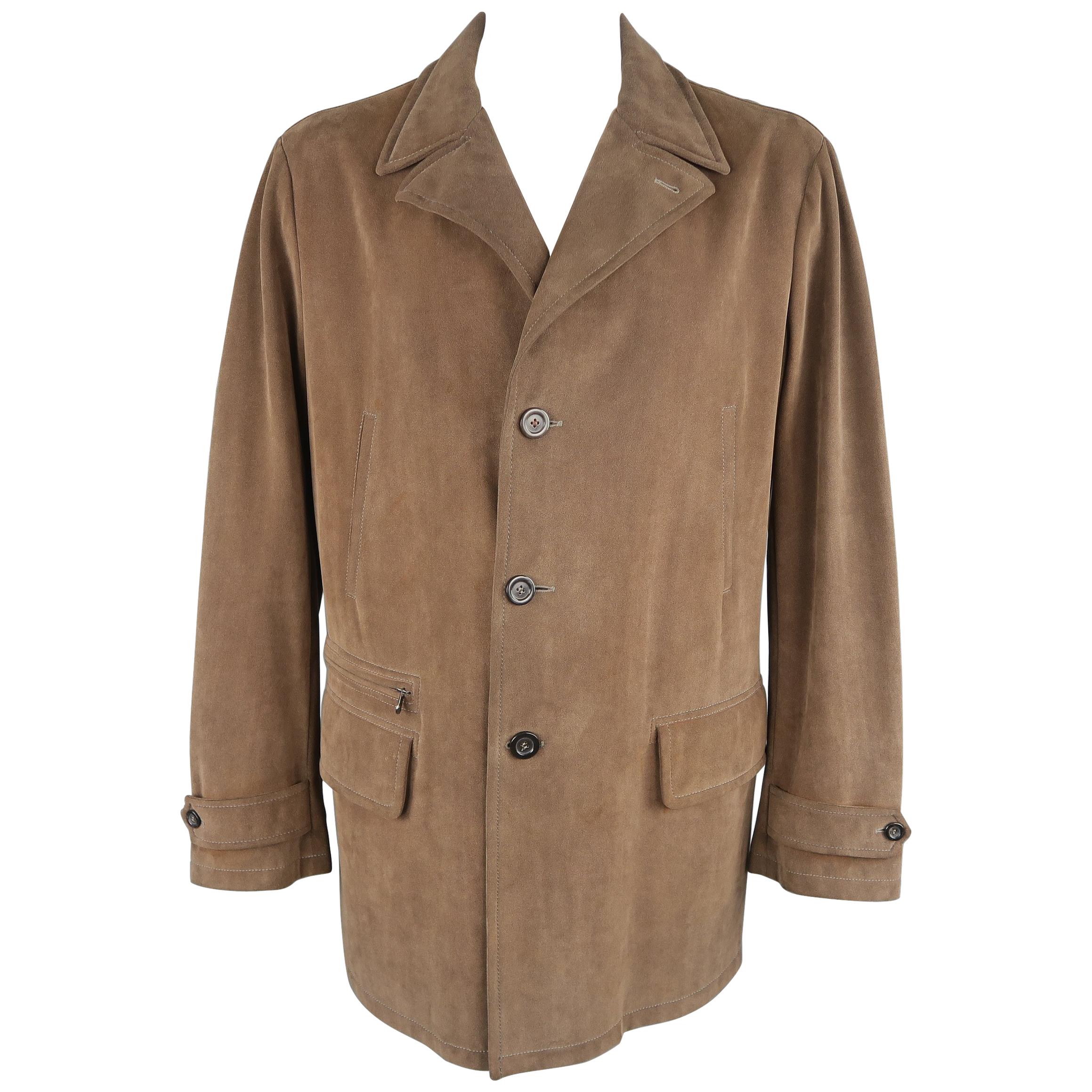 Men's Armani Collezioni US 46 / IT 56 Taupe Microsuede Pointed Lapel Coat Jacket