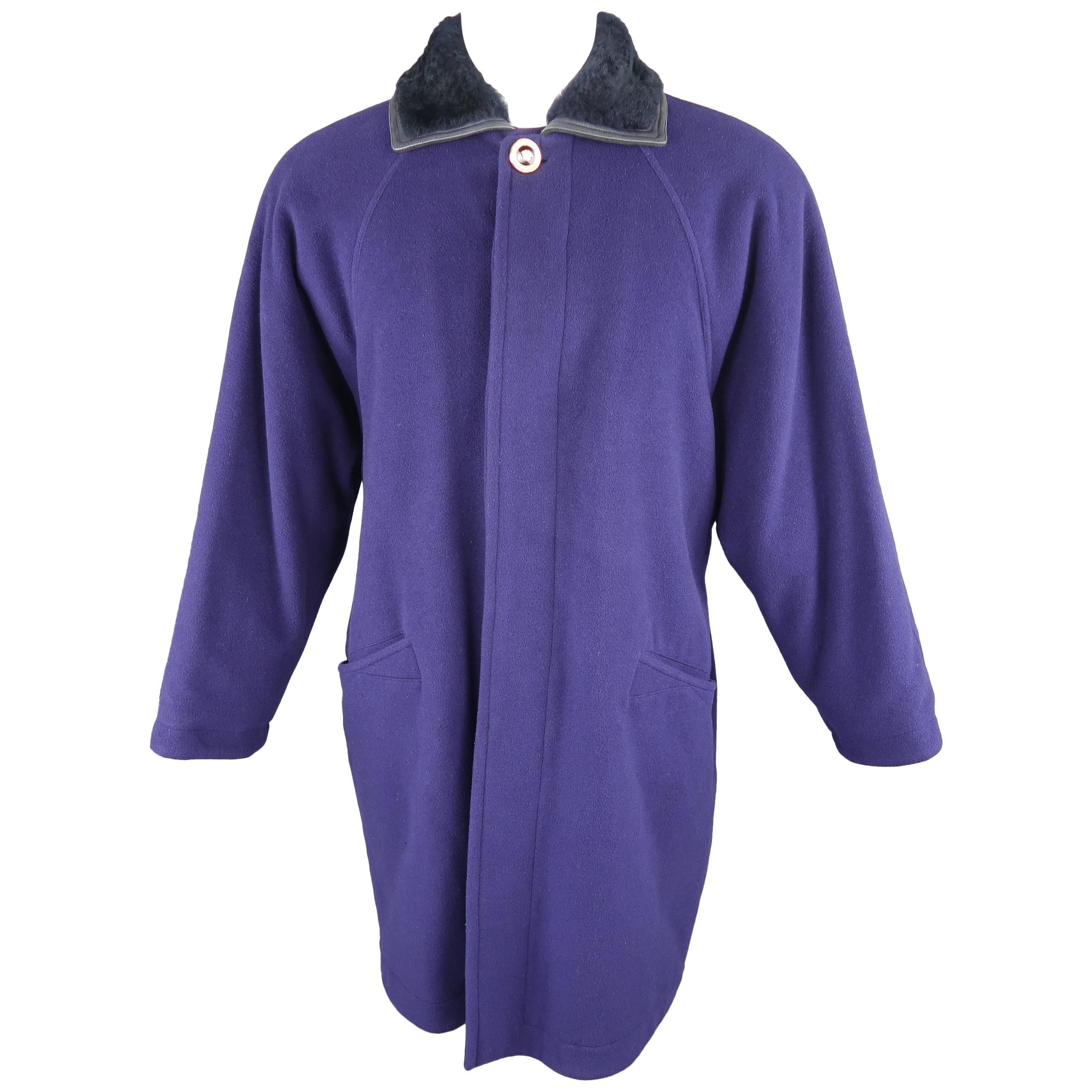 Gianni Versace Purple Wool Fur Collar Medusa Button Coat