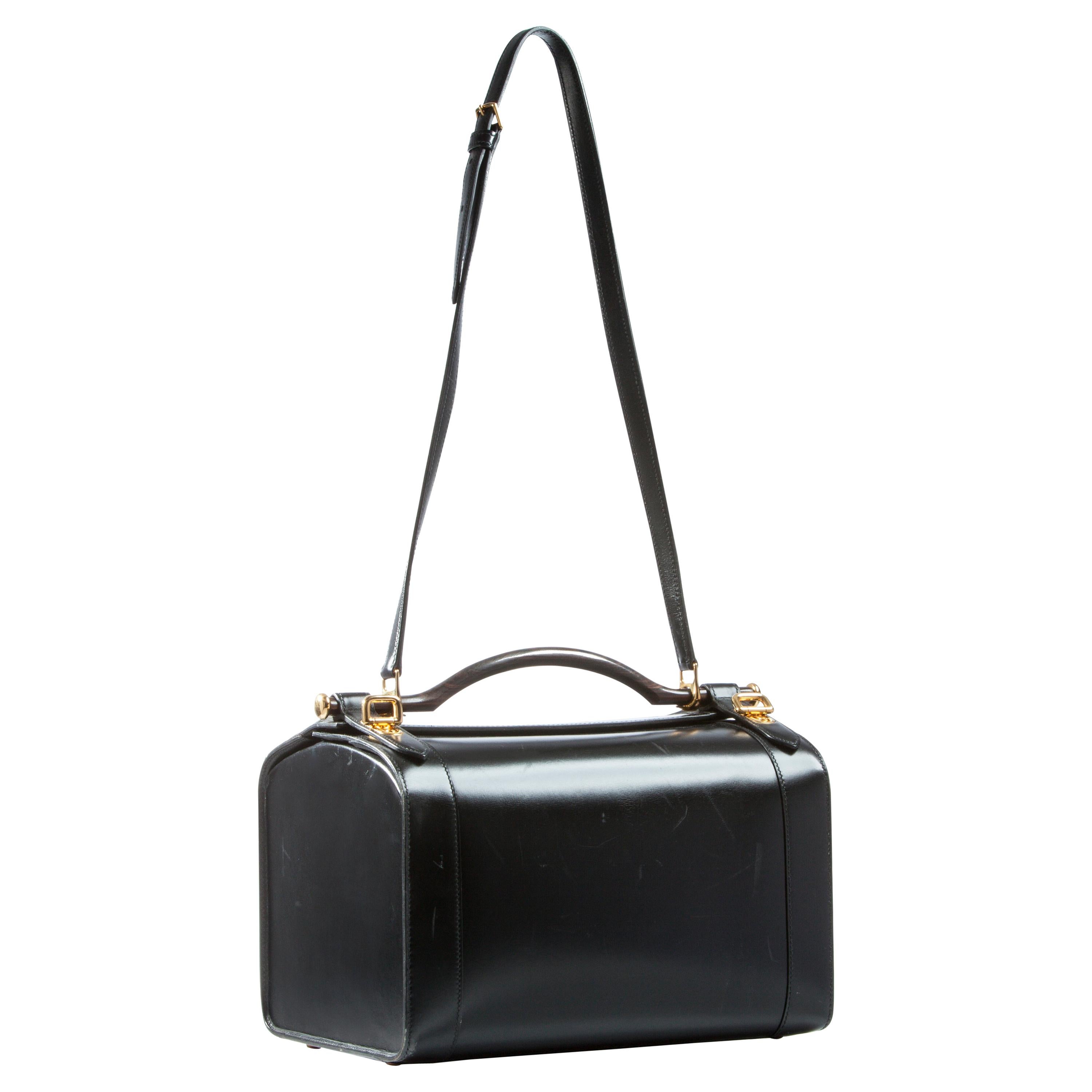 Hermes Calf Box Travel Vanity Train Case Wood Handle Black Calfskin Leather Bag