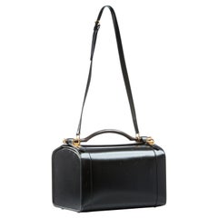 Retro Hermes Calf Box Travel Vanity Train Case Wood Handle Black Calfskin Leather Bag